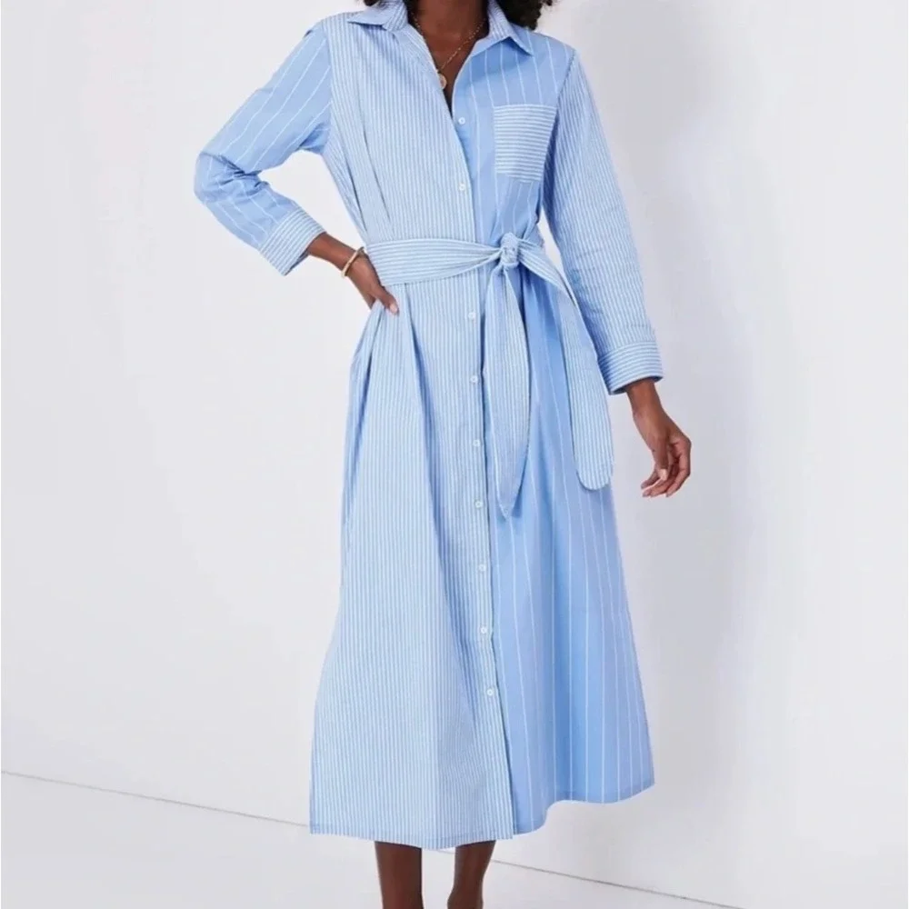 Pomander Place Tuckernuck Blue White Striped Belted Midi Shirt Dress Women Small - Picture 1 of 8